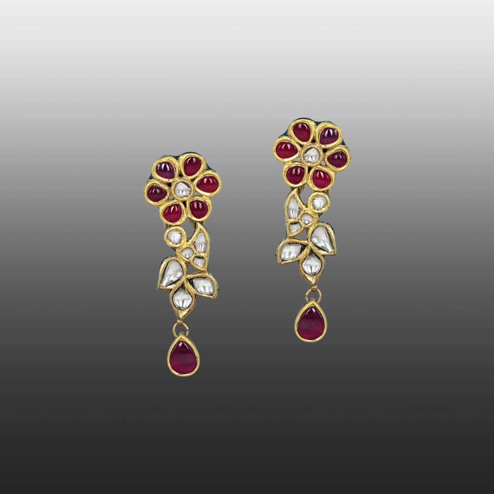 Floral Red Cabochon Earrings with Polki Diamonds and Teardrops